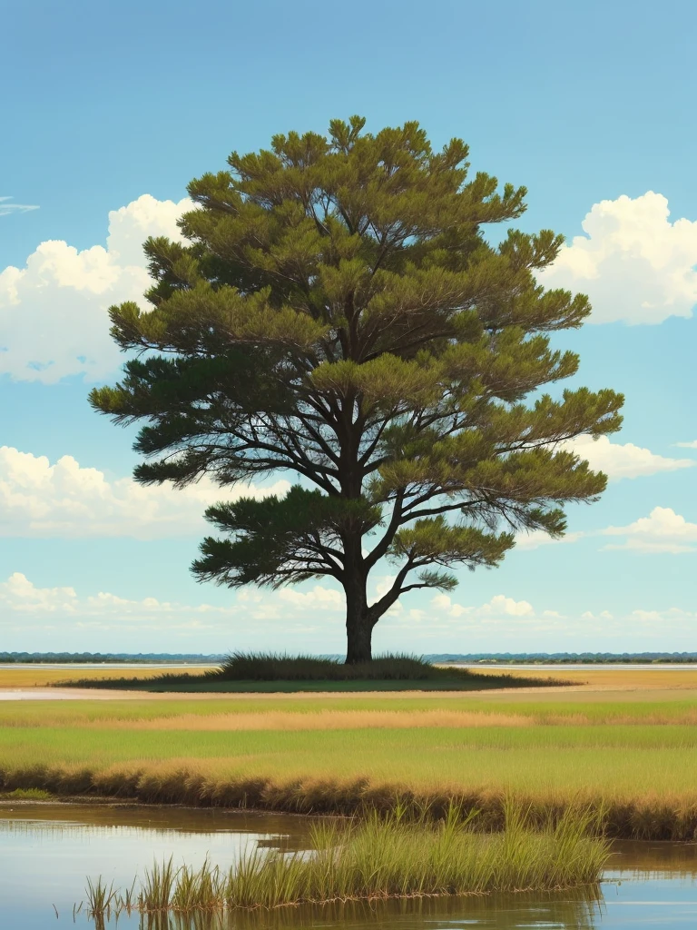 a lone palmetto tree in a grassy field with a saltmarsh background.