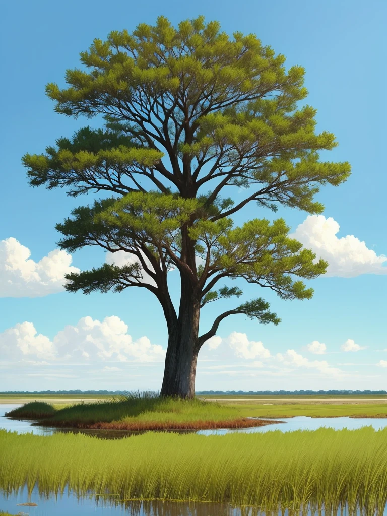 a lone palmetto tree in a grassy field with a saltmarsh background.