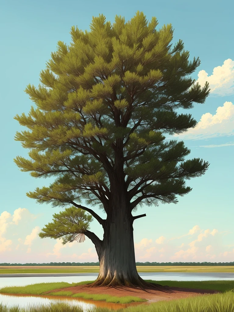 a lone palmetto tree in a grassy field with a saltmarsh background.