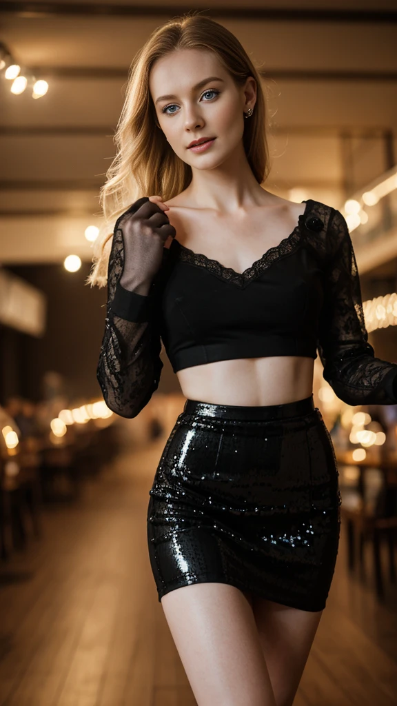an icelandic woman with beautiful Delicate eyes, Beautiful and delicate lips, Extremely detailed face and skin, Pale skin, 23 years old, Wearing a Purple lace top, black sequined skirt, skirt, high heels, medium long shot, dancing in the dance hall, beautiful lights, sexy figure, long legs, full body portrait. Beautiful photography,Long eyelashes, Good anatomy , Practical skin texture, Delicate eyes, professional, 4K, Wide-angle lens, Optical Depth of Field, Kodak Vision Color, Perfectly proportioned body, Extremely detailed, ultra-photoPractical, Practical, Post-Processing, Maximum details, Roughness, real life, ultra -Practical, Photorealism, photography, 8K Ultra HD, photography