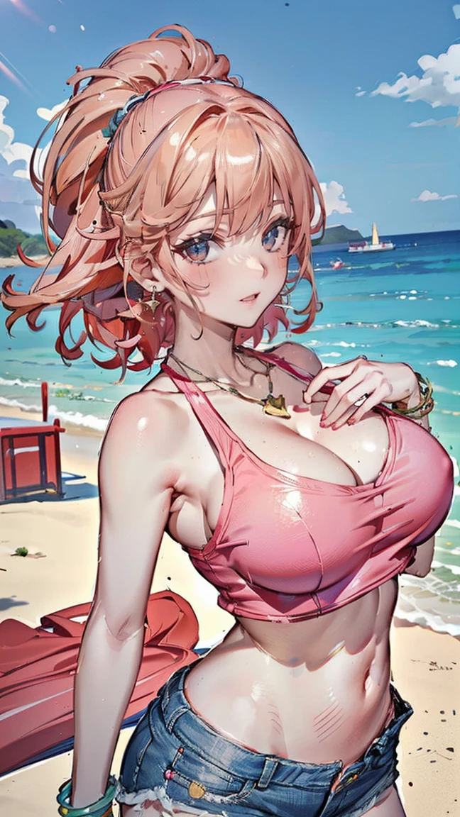 (masterpiece, Highest quality:1.3), (Super detailed:1.2), (hyperRealistic:1.3), (RAW Photos:1.2), High-definition RAW color photos, Professional photos, (PhotoRealistic:1.4), (Realistic:1.4), (Pink Hair:1.5), Professional Lighting, Perfect Anatomy, (Big Breasts:1.2), (blush, Detailed face), (Bright smile:1.5), Trending Hair&Trending Hairカラーをランダムに, Earrings, necklace, bracelet, Sexy, erotic Sexy, Random sexy gravure poses, (Woman wearing a green crop top and denim shorts、She is doing yoga on the beach、She is smiling happily and posing sexy。Pink Hairのロングヘアが風になびいている。: 1.3)