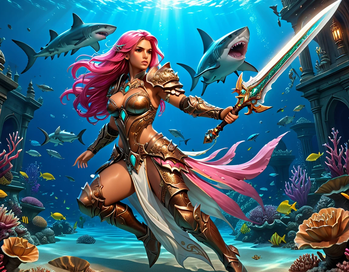 , a wide angle picture of a female human druid swimming along her pet shark, priest of underwater nature, cleric of underwater nature, art full body, ((anatomically correct)), dynamic position (intricate details, Masterpiece, best quality: 1.5) talking to a shark (intricate details, Masterpiece, best quality: 1.5) under the sea (intricate details, Masterpiece, best quality: 1.5), a human woman wearing scale armor ((intricate details, Masterpiece, best quality: 1.4) leather boots, armed with a sword, GLOWING WEAPON, thick hair, long hair, pink hair, tan skin intense brown eyes, undersea background (intense details), night undersea( (intricate details, Masterpiece, best quality: 1.5)high details, best quality, 16k, RAW, (ultra detailed: 1.5), masterpiece, best quality, (extremely detailed), dynamic angle, ultra wide shot, RAW, photorealistic, fantasy art, rpg art, realistic ), dynamic angle, (intricate details, Masterpiece, best quality: 1.5)), high details, best quality, highres, ultra wide angle, Wielding sword, chumbasket art style