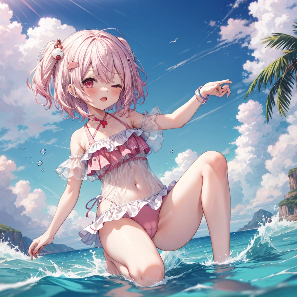 ((Highest quality)), ((masterpiece)), (detailed), a cartoon girl in 比基尼s holding her pink hair in the water on a beach, 1girl, barefoot, swimsuit, suns, one eye closed, 比基尼, 独奏, day, , hair ornament, blush, sky, blue sky, water, cloud, outdoors, 比基尼, feet, hairclip, red eyes, pink hair, splashing, spread