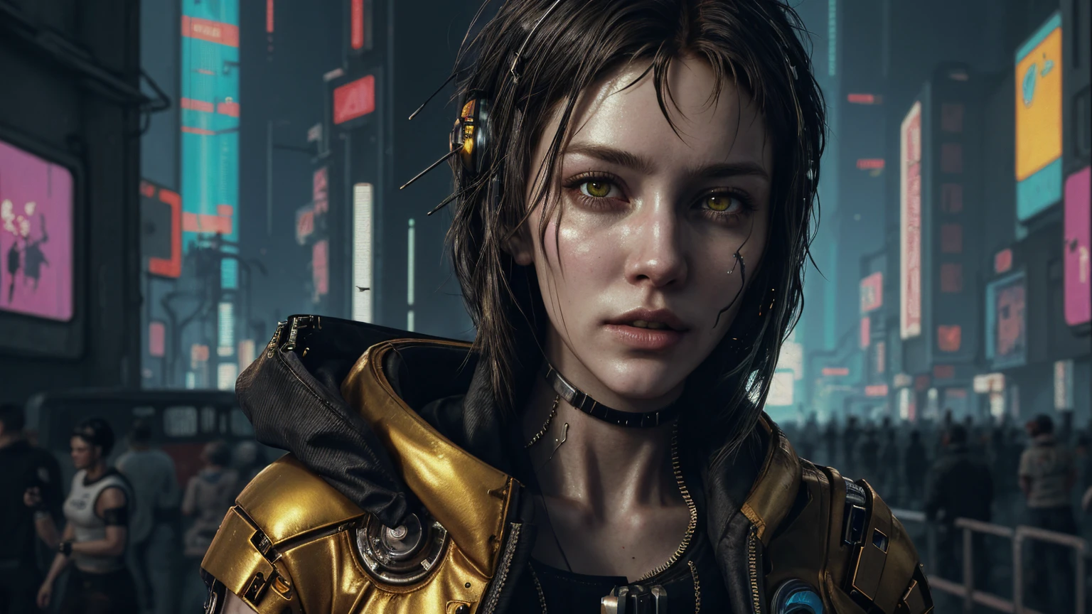 (((cyberpunk style))), wallpaper of a female Astronaut on a dangerous planet, Bill Henson, standing on top of a mountain, hyper-detailed face, black hair, realistic golden eyes, sensual body, hyper-detailed , 8k resolution
