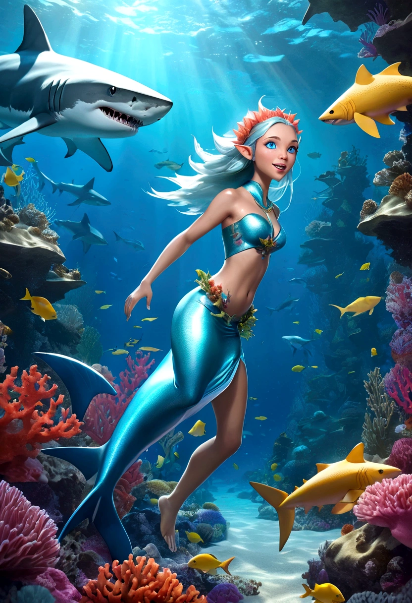 Fantasy Undersea,Shark elf girl has a shark-like appearance,blue eyes,Sharp fangs,Squamous skin, Shark fin feature on back,look back,Floating in seaweed underwater fantasy scene, coral, And tropical fish, Detailed and realistic 3D rendering, light, Bright colors, Concept art style