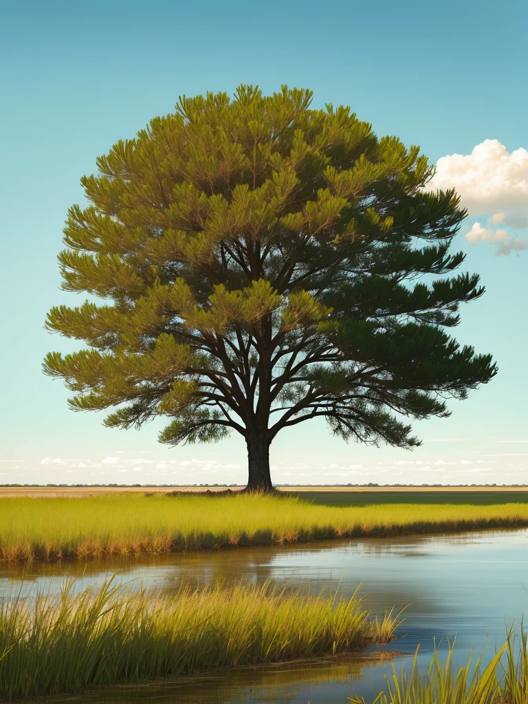 a lone palmetto tree in a grassy field with a saltmarsh background.