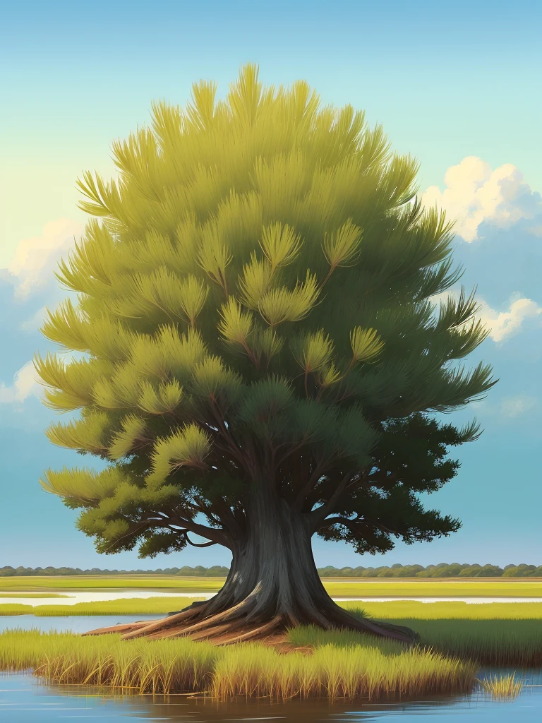 a lone palmetto tree in a grassy field with a saltmarsh background.