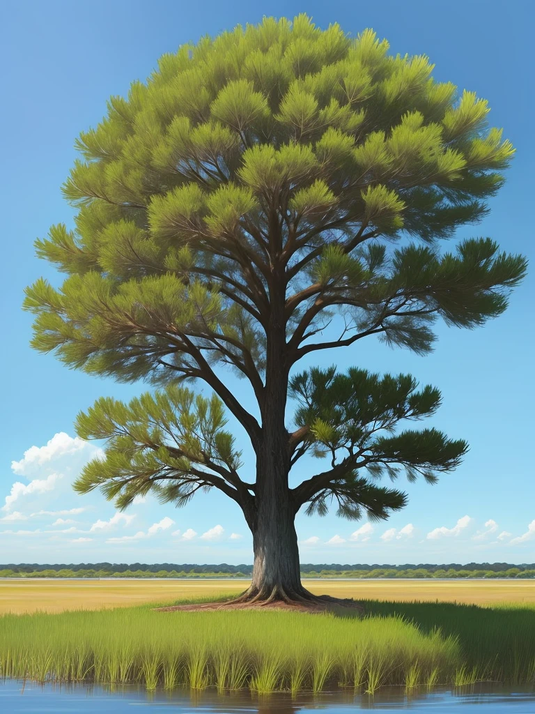 a lone palmetto tree in a grassy field with a saltmarsh background.