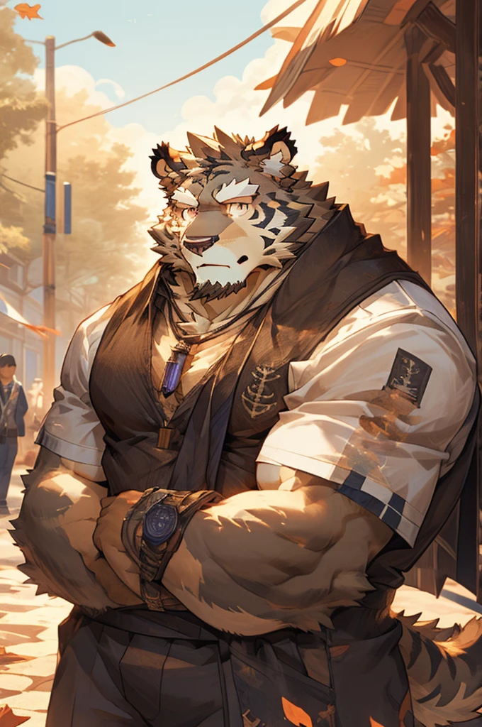 (masterpiece,best quality,Super detailed,Perfect anatomical structure),Detailed background,Empty,hairy,cannon, ,Clear focus,白色tiger，By Empty Ghost, rest 阳光,External,campus, Solitary,Solitary ，male,male ,human nature,Cat,tiger,muscular,rest (White fur:1.5,White body:1.5),looking at the audience,Delicateeyes, Dressed,Casual clothing is acceptable when the weather is nice,Golden pupils