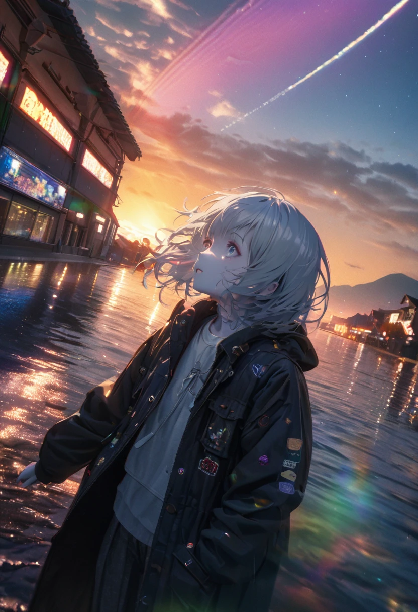 Angelic, detailed woman, sunrise, rainbow, After the Rain, In the sky, Streetscape , lake , Lens flare, colorful,coat, Put your hands in your pockets,(student, 18-year-old, ＪＫ, Her short silver hair sways, Pale skin,) Looking up at the sky, Beautiful sky, The scenery is beautiful., 広いLooking up at the sky, Colorful summer flowers are blooming everywhere., I see the wind blowing and shining, In the skyは正午の月と正午の星がある,From below, break ,quality(8K,非常に精細なCGユニットのwallpaper, masterpiece,High resolution,top-quality,top-quality real texture skin,Surreal,Increase the resolution,RAW Photos,最高quality,Very detailed,wallpaper,Cinema Lighting,Ray Tracing,Golden Ratio),Have a long-term perspective