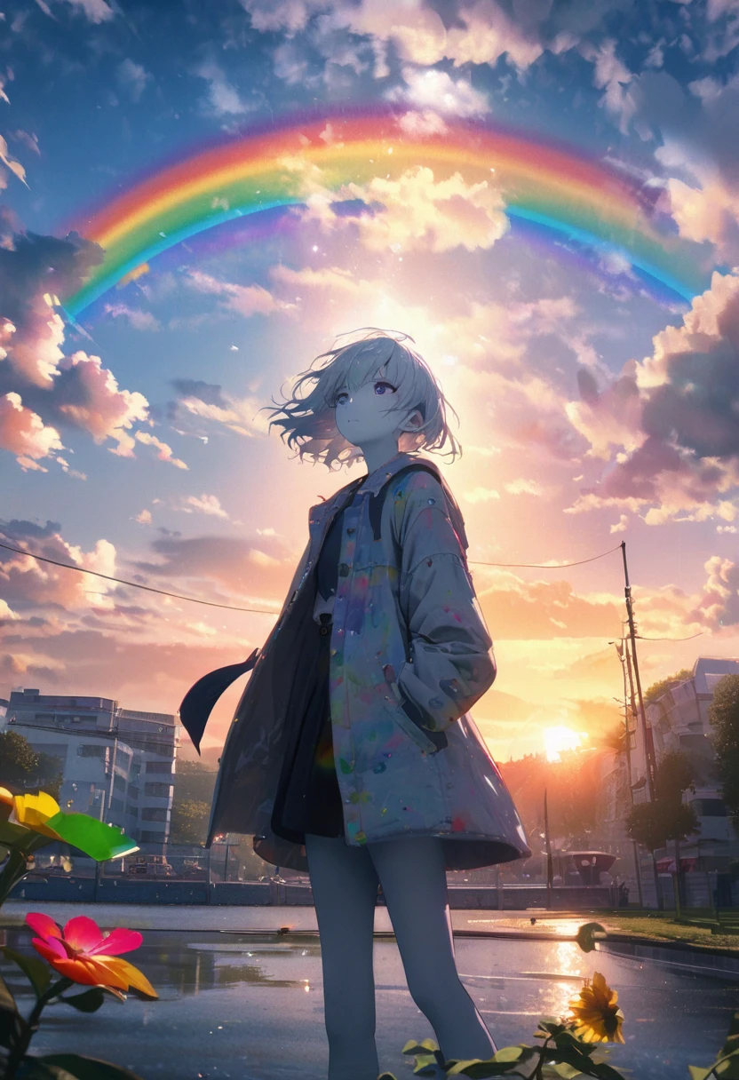 Angelic, detailed woman, sunrise, rainbow, After the Rain, In the sky, Streetscape , lake , Lens flare, colorful,coat, Put your hands in your pockets,(student, 18-year-old, JK, Her short silver hair sways, Pale skin,) Looking up at the sky, Beautiful sky, The scenery is beautiful., 広いLooking up at the sky, Colorful summer flowers are blooming everywhere., I see the wind blowing and shining, In the skyは正午の月と正午の星がある,From below, break ,quality(8K,非常に精細なCGユニットのwallpaper, masterpiece,High resolution,top-quality,top-quality real texture skin,Surreal,Increase the resolution,RAW Photos,最高quality,Very detailed,wallpaper,Cinema Lighting,Ray Tracing,Golden Ratio),Have a long-term perspective