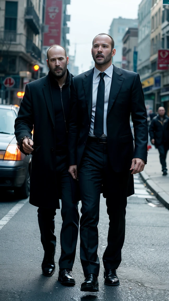 Generate an image of keanu reeves from john wick and jason statham from transporter standing side by side in the backdrop of a city ready for action