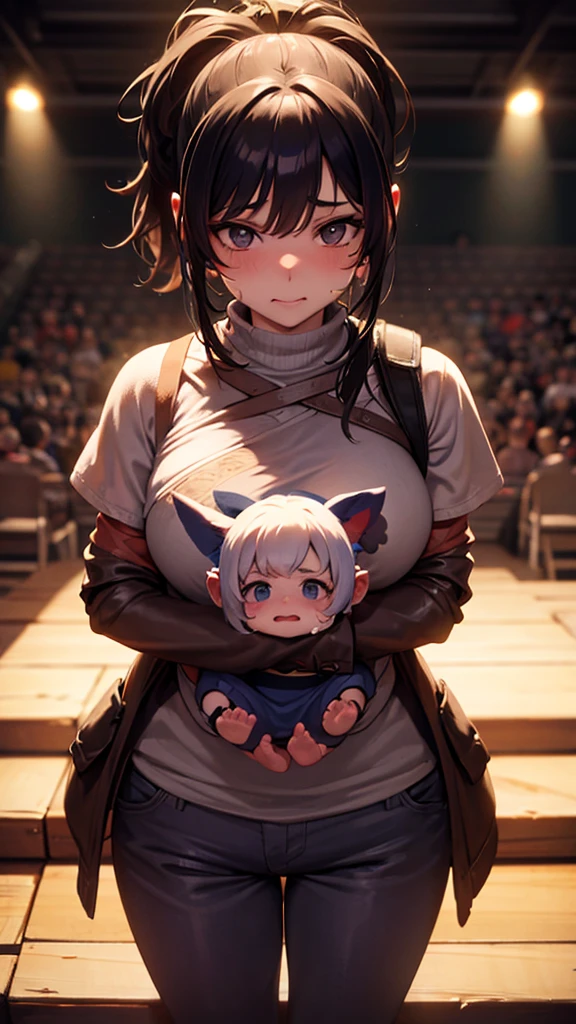 1 woman is holding a baby, with a bruised face, looking at the audience, gaya 3D, fantasy 