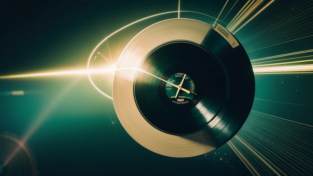 Poster Style,Green frosted background,Vinyl record combined with clock,The record is in the center of the screen.,Front view of the record,Half vinyl record, half clock,Reflecting the sense of time and space,Golden text effect for English title on the right,There is a halo of light around the record similar to a black hole,Extremely high definition picture quality,quality,Real texture,No sense of space