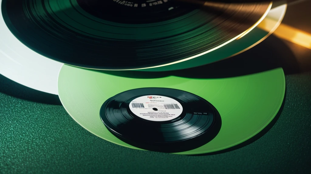 Poster Style,Green frosted background,Vinyl record combined with clock,The record is in the center of the screen.,Front view of the record,Half vinyl record, half clock,Reflecting the sense of time and space,Golden text effect for English title on the right,There is a halo of light around the record similar to a black hole,Extremely high definition picture quality,quality,Real texture,No sense of space