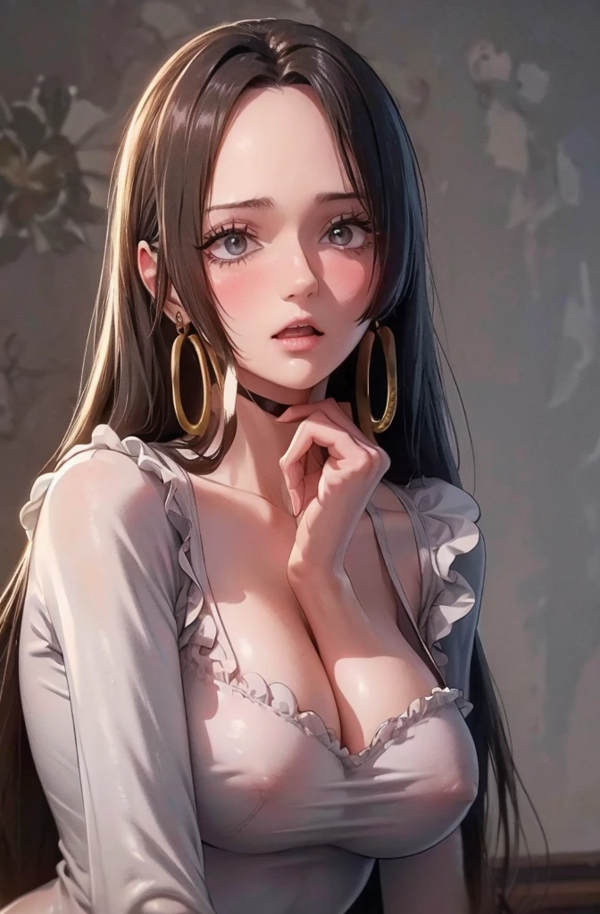 cute, ultra-detailed, illustration, intricate, detailed, extremely detailed, detailed face, soft lighting, soft light, soft focus, perfect face, beautiful, accurate anatomy, overexposure, 8k, 4k, (highres:1.1), best quality, (masterpiece:1.3), 1girl, solo, jewelry, brown eyes, looking at viewer, earrings, grey hair, bangs, choker, closed mouth, portrait, watch, hair ornament, simple background, grey background, long hair, head rest, lips, hair bow, black choker, bow, eyelashes