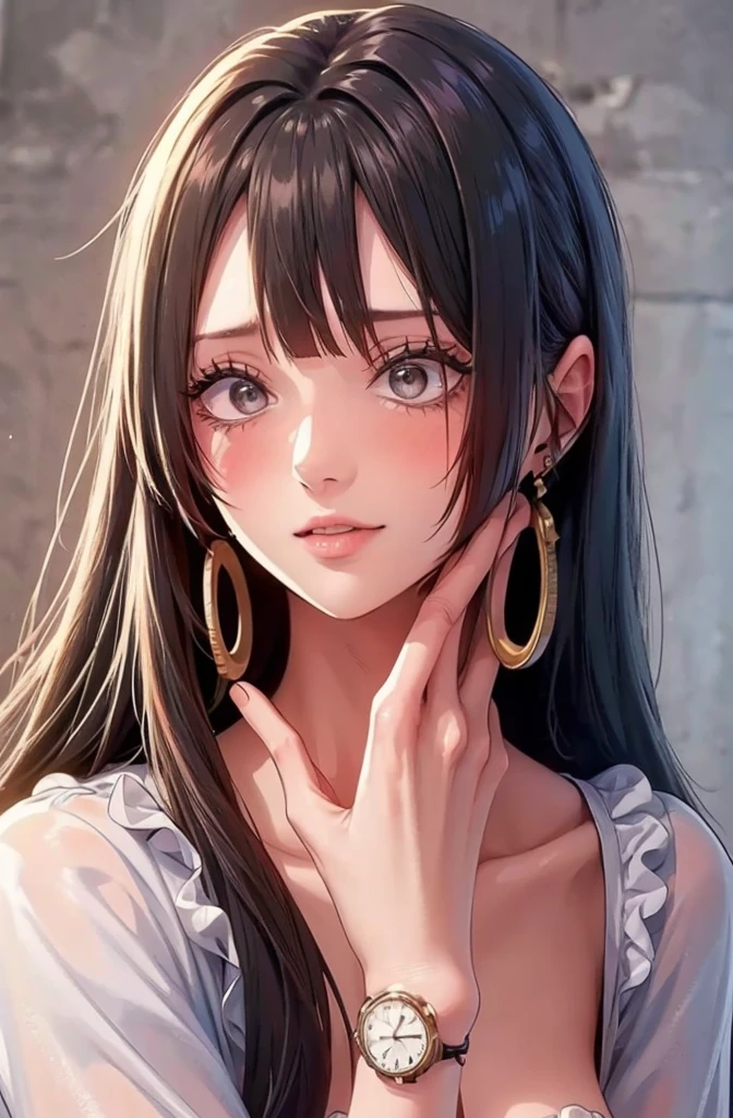 cute, ultra-detailed, illustration, intricate, detailed, extremely detailed, detailed face, soft lighting, soft light, soft focus, perfect face, beautiful, accurate anatomy, overexposure, 8k, 4k, (highres:1.1), best quality, (masterpiece:1.3), 1girl, solo, jewelry, brown eyes, looking at viewer, earrings, grey hair, bangs, choker, closed mouth, portrait, watch, hair ornament, simple background, grey background, long hair, head rest, lips, hair bow, black choker, bow, eyelashes