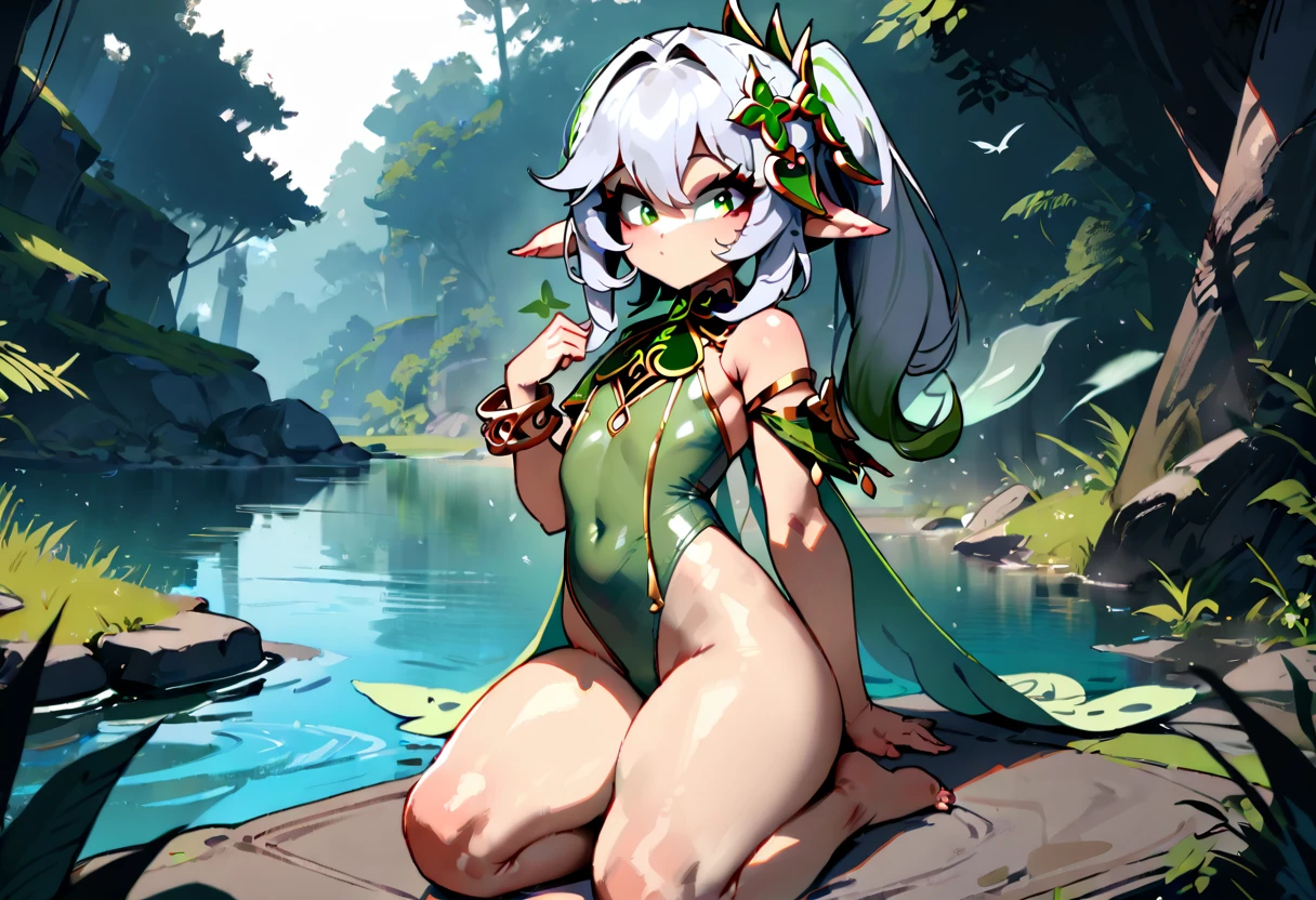 1girl, nahida \(genshin impact\), genshin impact\\\\\ masterpiece, best quality, very aesthetic, absurdres, newest \\\\\\ slim body,///// ,by nyantcha,cutesexyrobutts , by khyle,,////// beautiful face, sexy, , greenery,, jungle,birds etc, looking at viewer, lime one-piece swimsuit,grass,lake