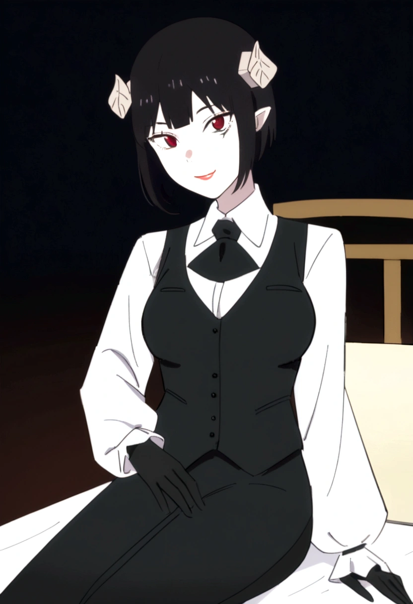 work of art, best qualityer, high resolution, 1girl horns short hair demon tail, white shirt black ascot black gloves black pants black vest , sheet, mao nos lips,beautiful smile,shining eyes,desk,low lighting,body detailed,detailed outfit