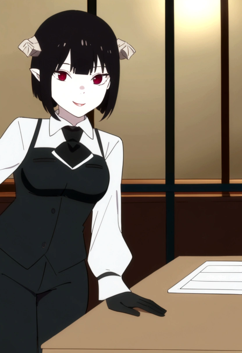 work of art, best qualityer, high resolution, 1girl horns short hair demon tail, white shirt black ascot black gloves black pants black vest , sheet, mao nos lips,beautiful smile,shining eyes,desk,low lighting,body detailed,detailed outfit