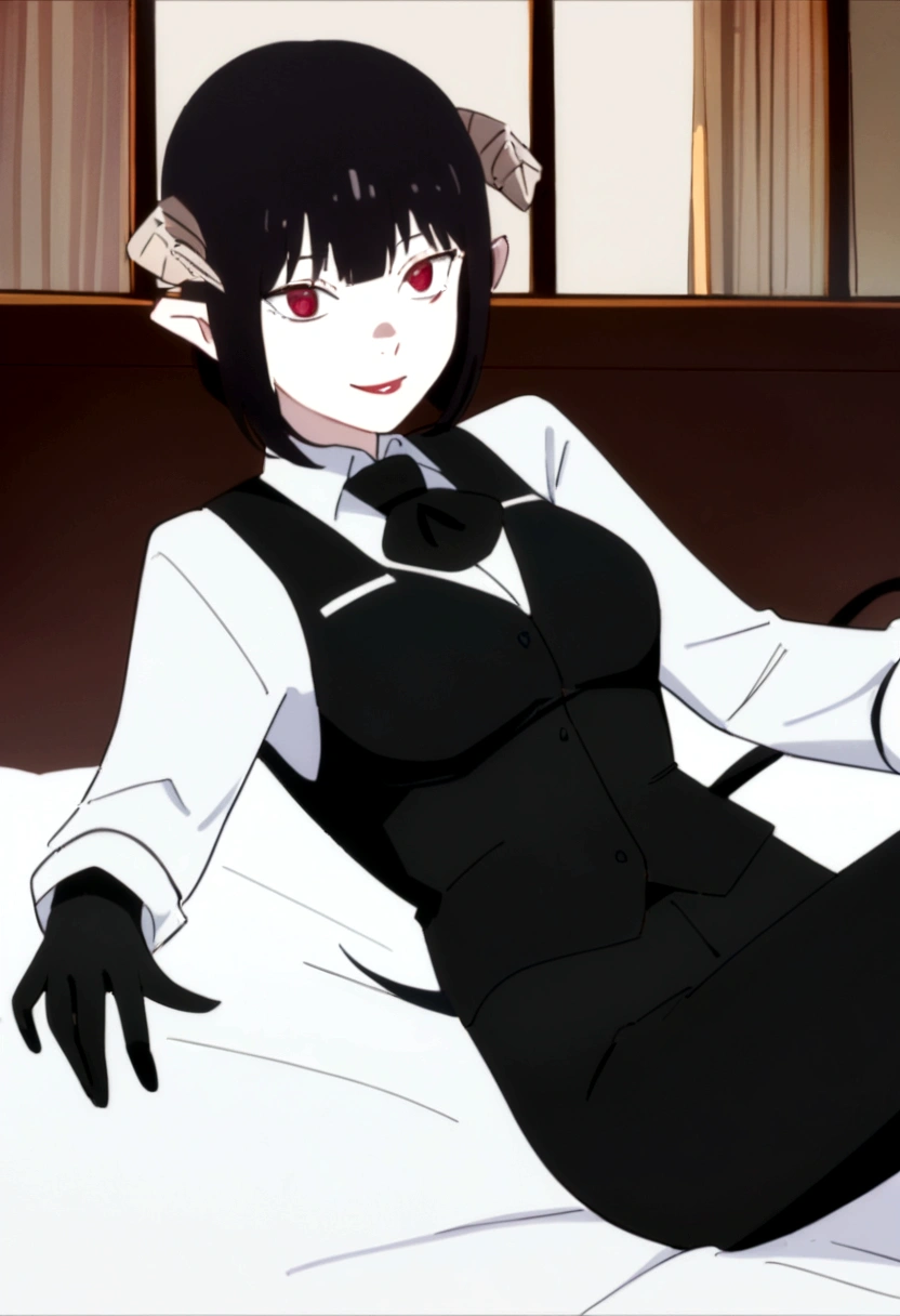work of art, best qualityer, high resolution, 1girl horns short hair demon tail, white shirt black ascot black gloves black pants black vest , sheet, mao nos lips,beautiful smile,shining eyes,desk,low lighting,body detailed,detailed outfit