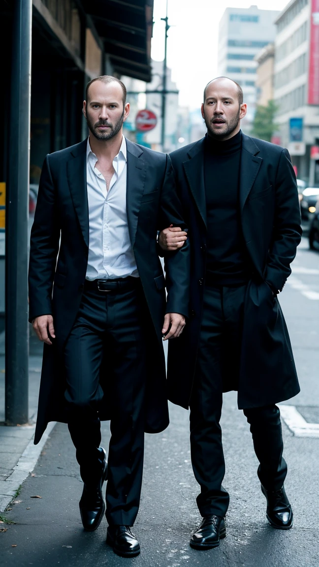 Generate an image of keanu reeves from john wick and jason statham from transporter standing side by side