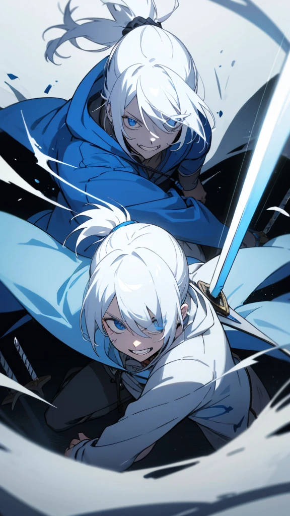 boy, white hair tied in a ponytail, reflective blue eyes, holding a dagger, q shaped dagger, bloodied clothes, battle grin, modern clothing, hoodie, wounded, 