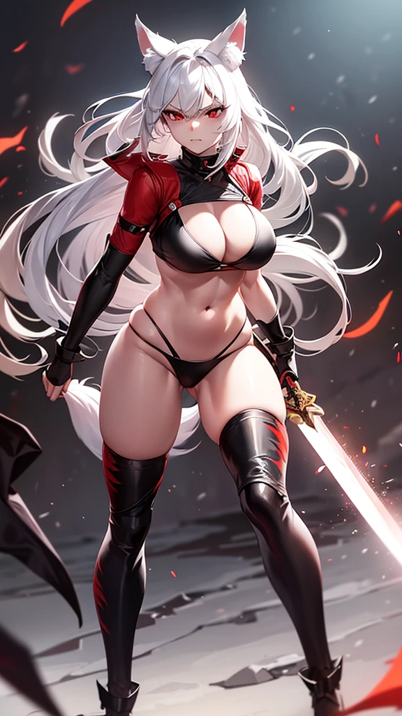 An adult woman, half fox and wolf, white hair, red eyes, wide breasts, very angry, standing, in a black bikini, holding a sword