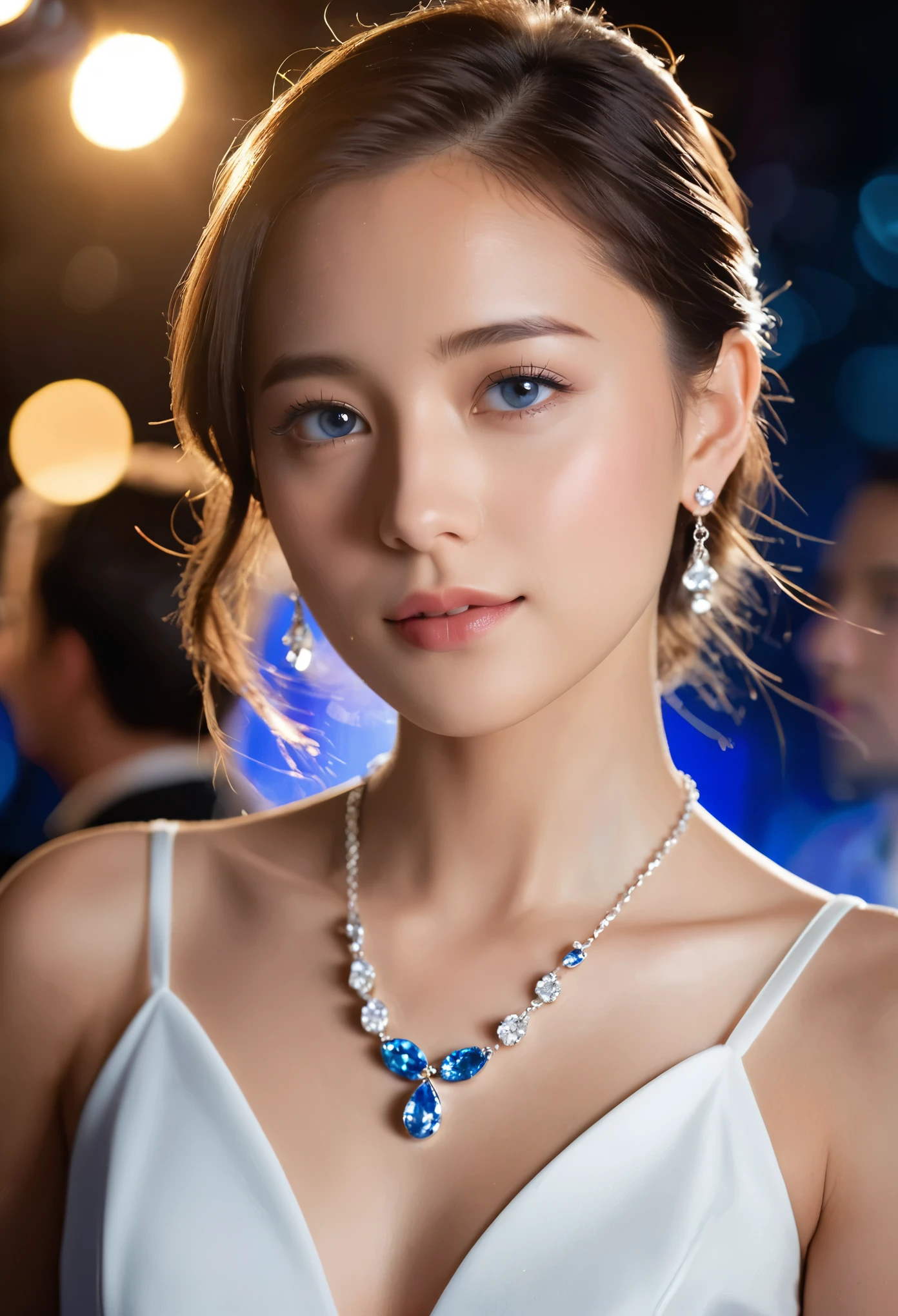 masterpiece, Highest quality, figure, Sax Blue, Platinum Earrings, Platinum Necklace, White Dress, One girl, cute, (Dynamic Lighting:1.2), Cinema Lighting, Delicate facial features, Fine grain, Sharp pupils, Realistic students, Depth of written boundary, Bokeh, Sharp focus, (Ultra-detailed, bloom, shine:1.4), Lots of little gems