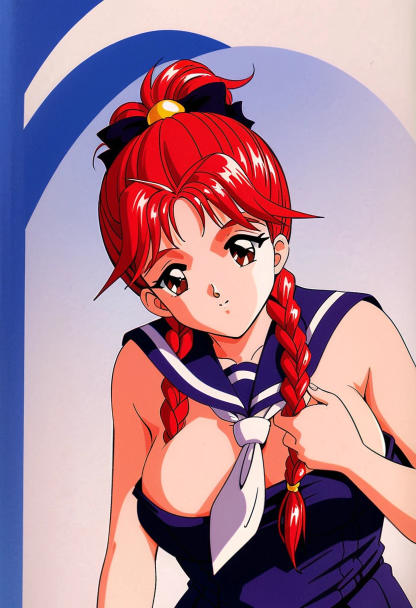 Fellatio milky liquid face bukkake Yukari Koshikigi,One girl,alone,retro artstyle,White Background,ponytail,twin braids,Bunny girl simple background,Redhead,1990s (style),Long Hair,Brown eyes,Head tilt Big breasts Thighs Sailor uniform Naked lower body No skirt