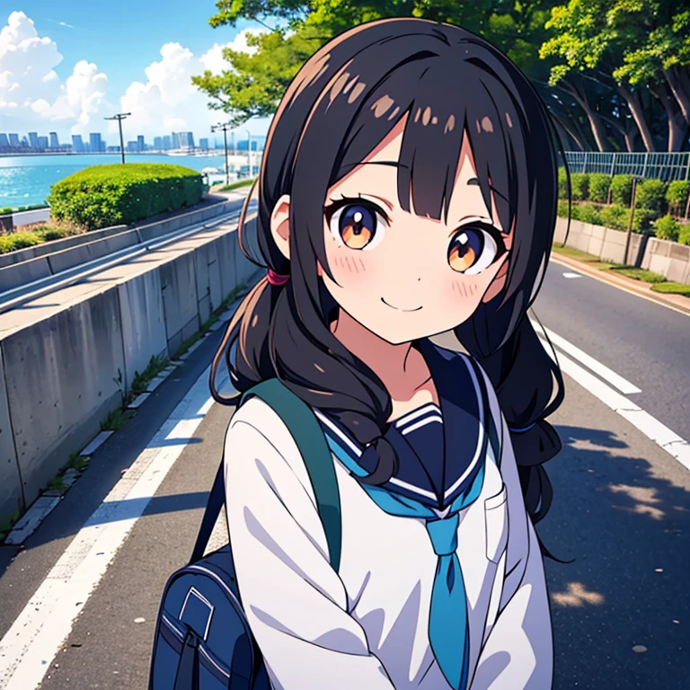 1girl, standing, head tilt,
(downhill:1.3), (sloped road), wide single road in Japan, (sea in distance:1.4), (port city:1.4), (cityscape in distance),
gentle smile, 15yo,
(low twintails girl), low pigtails, black hair, very long hair,
long sleeves, navy-blue serafuku with blue ribbon, navy-blue ,
1 school bag on right shoulder,
(brown eye),
city area, (stylish, urban),
electric pole, white line on the road, tree on side, white residences on side,
gantry crane, afternoon, spring, superb view,
from front, from slightly above,
anime, high brightness, detailed face, detailed eyes,
high quality, ultra detailed, masterpiece, FHD