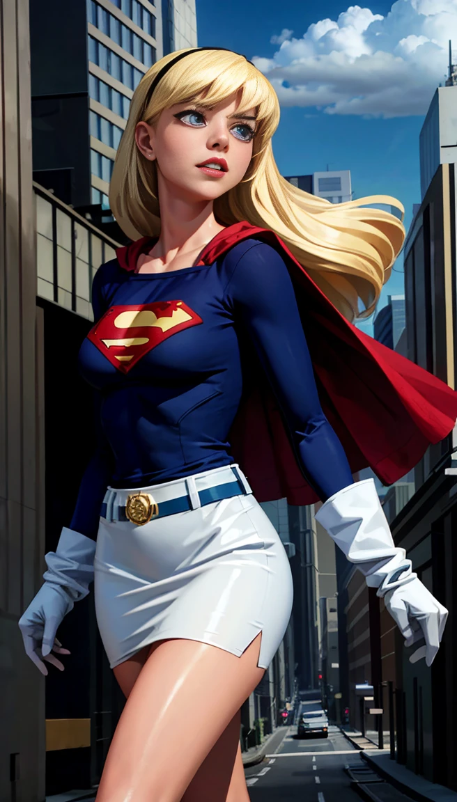 photo by full body (cowboy shot), sfw, (work of art), (best qualityer:1.0), (ultra high resolution:1.0), detailedeyes,
BREAK Supergirl, 1 girl, long blonde hair, mid-air, flying hair band, \(offwhite\) top cut, manga curta, layer, blue pencil skirt, mitts, BREAK boots
(clouds, citys, stunning vista)