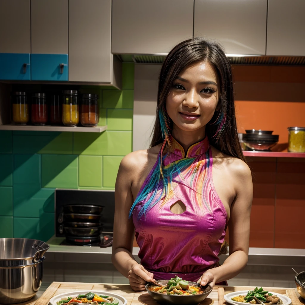[[((a vibrant, colorful Asian dish prepared in a stylish, modern kitchen:1.6)), the focus of the scene, with an attractive young Asian woman cooking in the background. She is dressed in fashionable, practical cooking attire that complements her vibrant surroundings:1.4)). The background features a sleek, upscale kitchen environment. The scene is captured with a ((full-frame DSLR:1.4)) using a ((50mm prime lens:1.4)) to keep the dish in sharp focus and the woman slightly in the background. Professional lighting enhances the dish's vibrant colors and presentation, adding a ((soft bokeh effect:1.3)) to the background. The image should be in ((8K resolution:1.5)) with ((hyper-realistic detail:1.6)). The focus is entirely on the colorful Asian dish, with the young woman’s stylish and confident presence in the background, highlighting the delicious and vibrant meal being prepared in a modern kitchen setting.]]