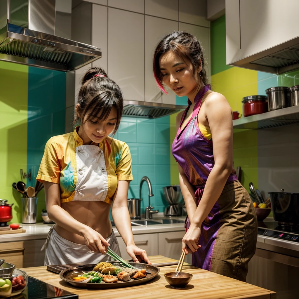 Female supermodel. Royal blue evening dress. Blue jeans. Dim, soft lighting. Sunset. Sunset. Kappabashi Kitchen Tools Street, Tokyo, Japan.