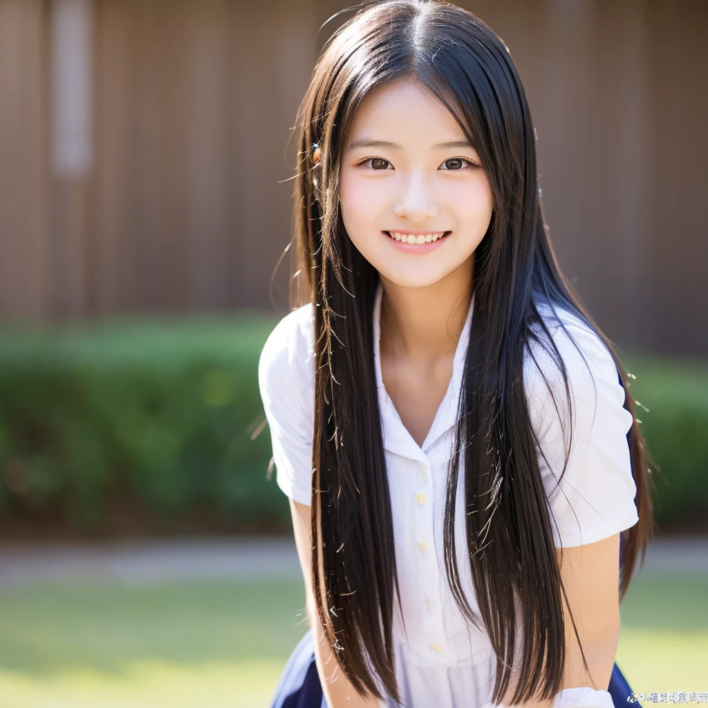 A bright high school girl with long black hair, a straight nose, beautiful eyes, and a cheerful face.