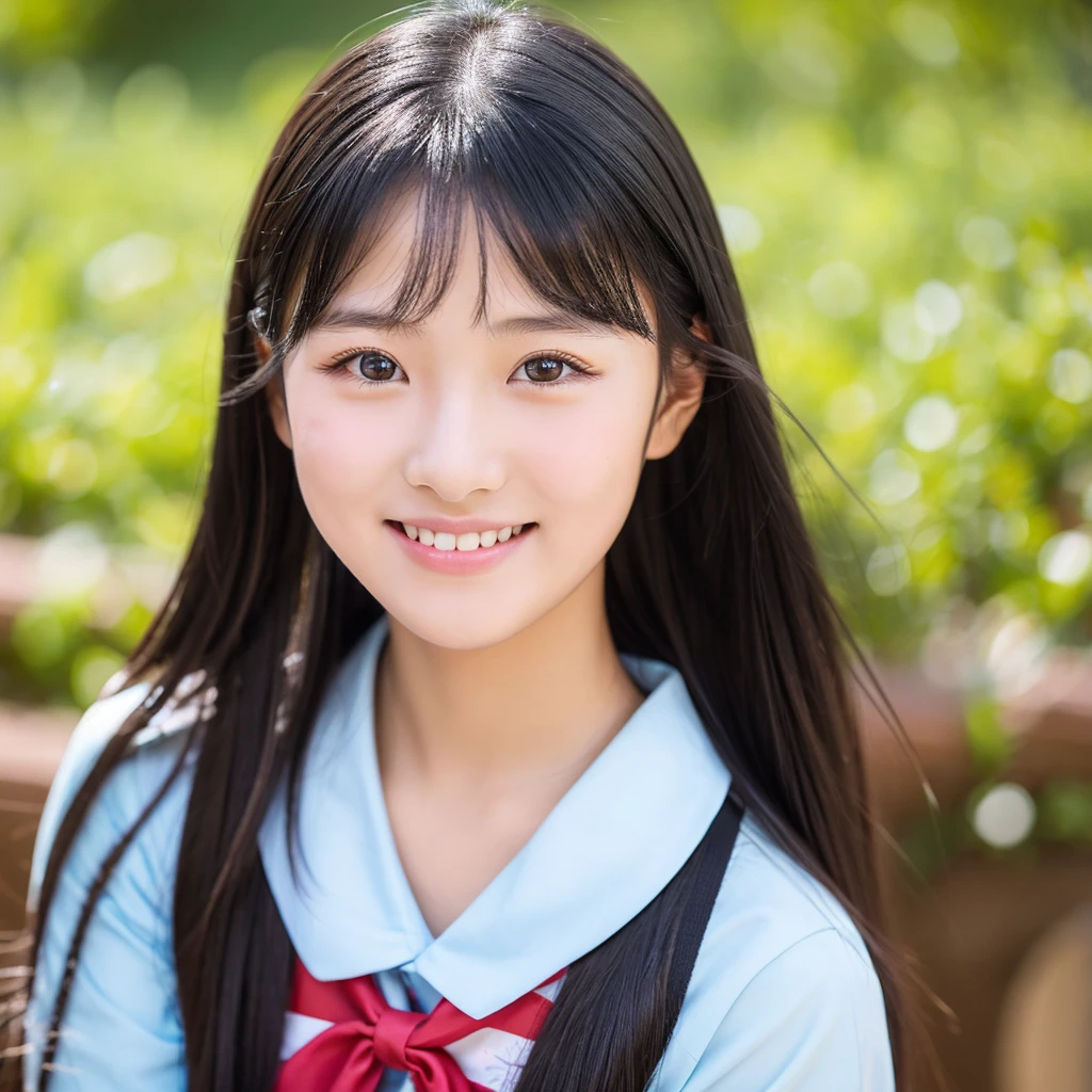 A bright high school girl with long black hair, a straight nose, beautiful eyes, and a cheerful face.