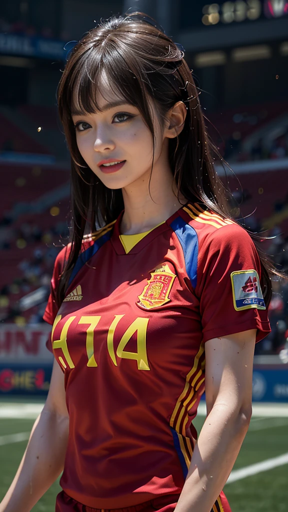 Highest quality, High resolution:1.2, Very detailed, Realistic:1.3, ((Beautiful woman))、((Super tight uniform))、((medium breasts))、(((Soccer national spain  uniforms)))、spain flag colors, play soccer,(Blunt bangs)、((long hair))、brunette hair colors、With bangs、Wet Hair, concentrate, splash, Action Shots, Grass blotches, Muddy ground, Wet turf, decide, Fast-paced games, Athletic physique, Shiny , emotional expression、Dramatic lighting, Women's Sports, Avid athletes, Exciting Games, Endure, Excited state, Speed and agility, Energetic play, 濡れたsplash、smile、((Red Uniform))