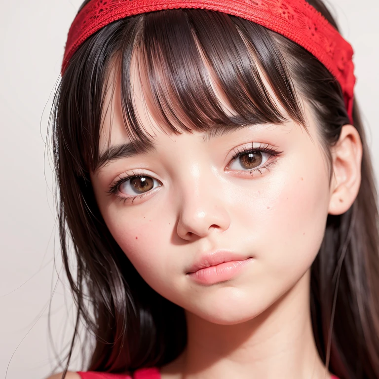 a masterpiece portrait of a beautiful young girl with a small face and a cute expression, wearing a red headband and eyelashes, in a , shot with a DSLR camera, high-quality 8k UHD image with realistic skin details, detailed facial features, rim lighting, and a beautiful bokeh background,
