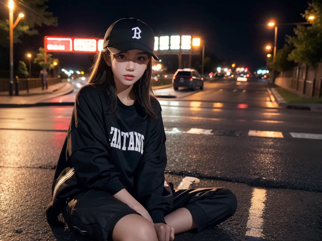 A girl,night,Put on a baseball cap,Sitting on the roadside,Street Lights,light rain