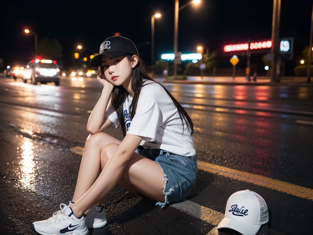 A girl,night,Put on a baseball cap,Sitting on the roadside,Street Lights,light rain