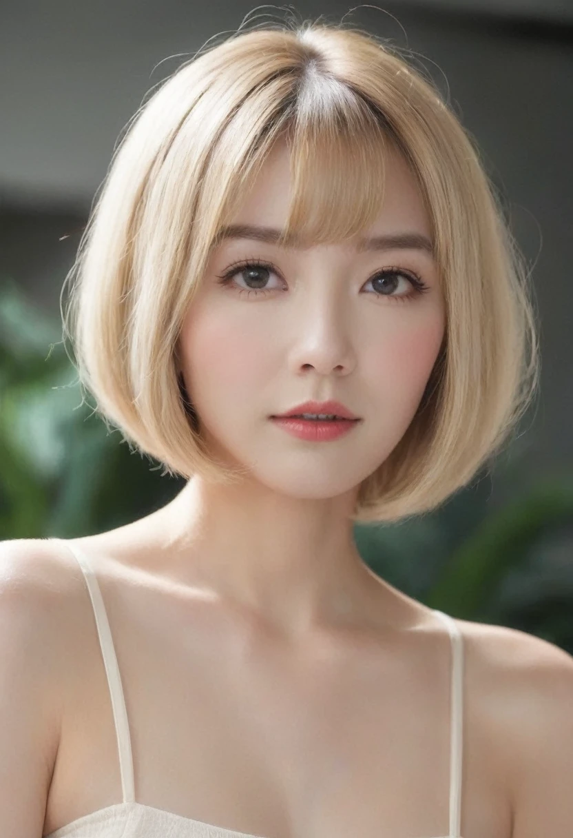 Medium Bob:1.3, blonde:1.2, short hair、whole body、nude