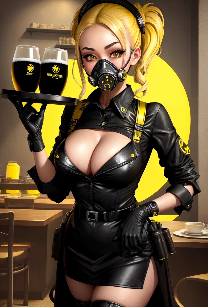 nuclear sexy waitress tray gas mask black and yellow serving