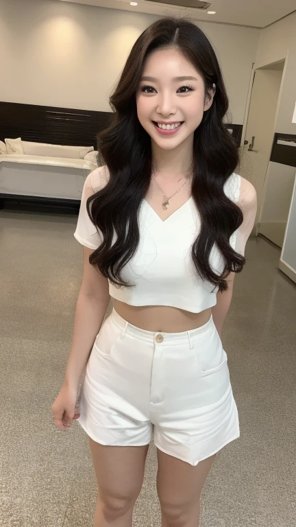 ((top-quality、masutepiece、8K、Top image quality、Hyper-Realism， full body)) The Biggest Smile、white big teeth、korean idol makeup、long eyelashes、View me、smile your best smile, Bright lighting, hyper realistic, photoreal, kpop fashion wear, jennie make up, travel, hot, kpop, romantic big curl
