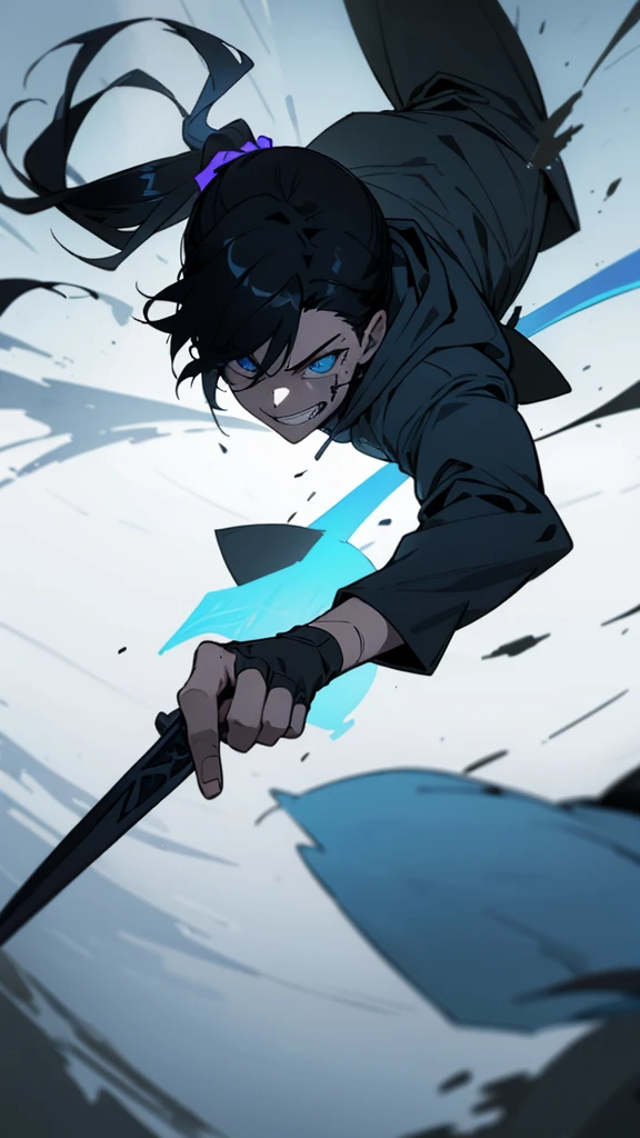 boy, Black hair tied in a ponytail, reflective blue eyes, holding a dagger, q shaped dagger, bloodied clothes, battle grin, modern clothing, hoodie, wounded, 