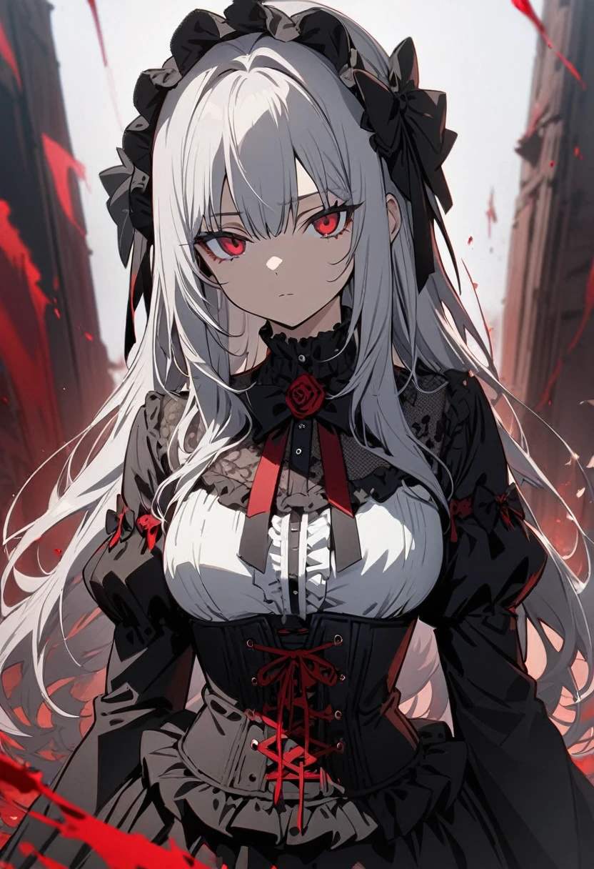 One girl, masterpiece, best quality, beautiful woman, expressionless, black extensions, silver hair, long hair, red eyes, gothic lolita, corset, red blood, anime