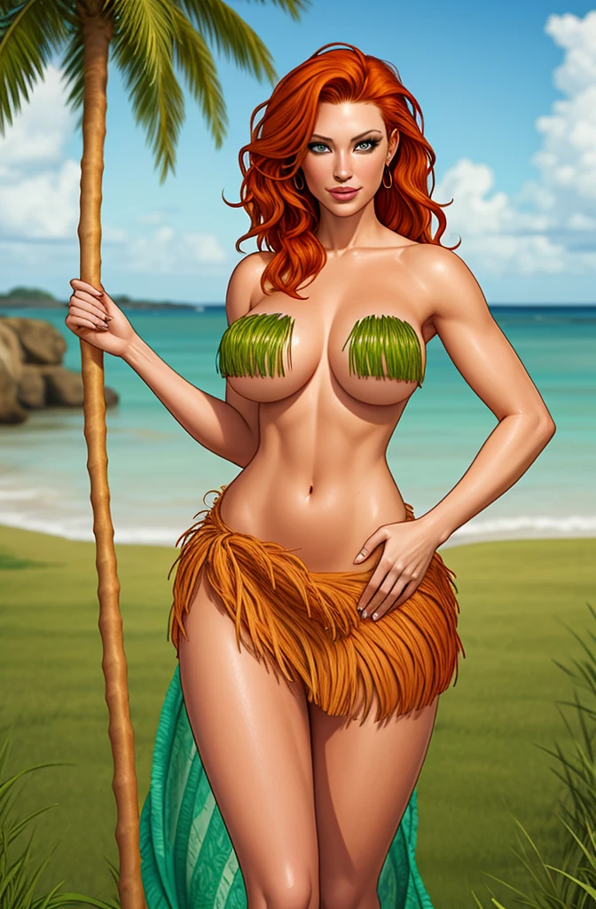 Jennifer Korbin wearing a grass skirt, ginger hair, topless