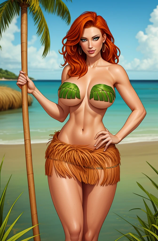 Jennifer Korbin wearing a grass skirt, ginger hair, topless