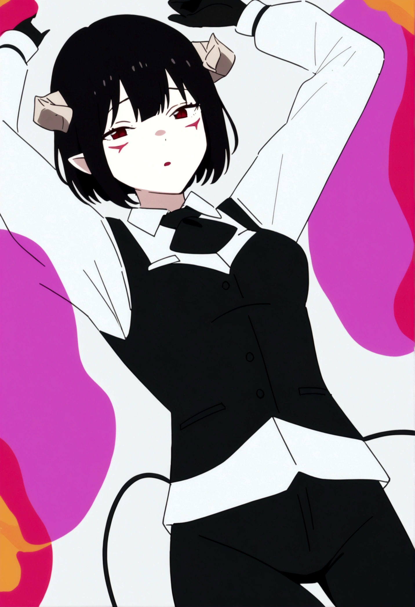 work of art, best qualityer, high resolution, 1girl horns short hair demon tail, white shirt black ascot black gloves black pants black vest lying on your back, sheet, arms up,blushed,face red