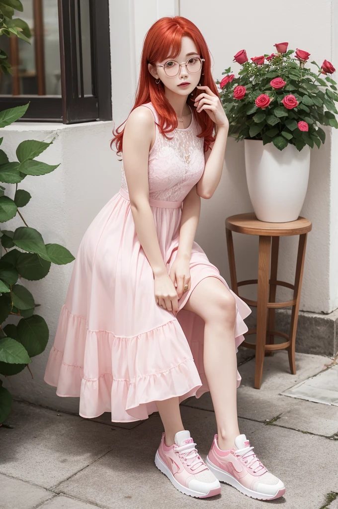 One , red haired rose, transparent eyeglasses, in a pink and white dress and pink and white sneakers and a white porcelain mug in her hand 