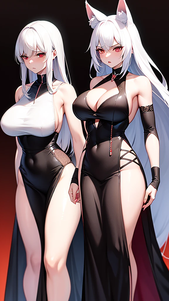 An adult woman, half fox and wolf, white hair, red eyes, wide breasts, very angry, standing, in a black dress